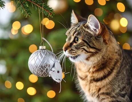 Curious cat eyeing Christmas ornament