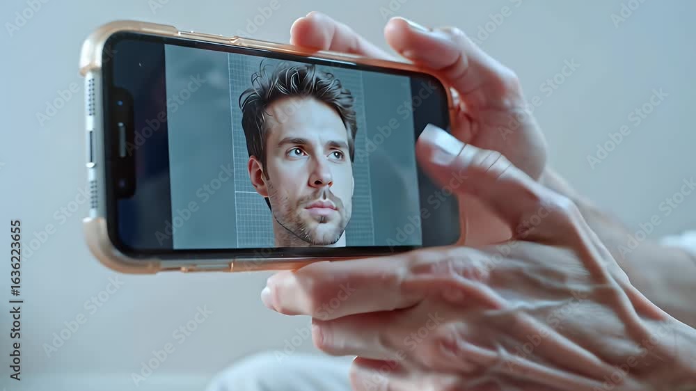 Poster man holding smartphone displaying identity verification request
