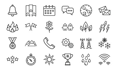 Fototapeta premium Minimalist Line Icon Set – Bell, Bookmark, Calendar, Chat, Clock, Email, Fire, Flag, Flower, Home, Leaf, Lightning, Medal, Mountain, Phone, Gear, Communication Tower, Snowflake, Star, Stopwatch, Sun