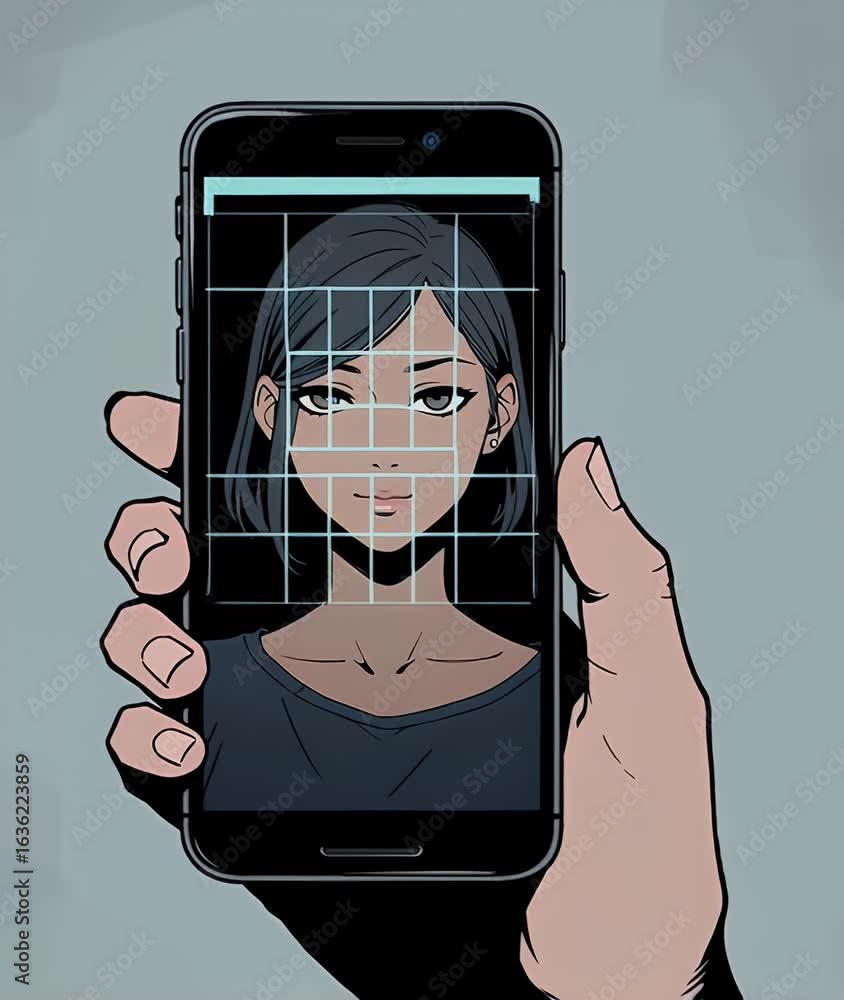 Poster identity verification request on screen with smartphone and face