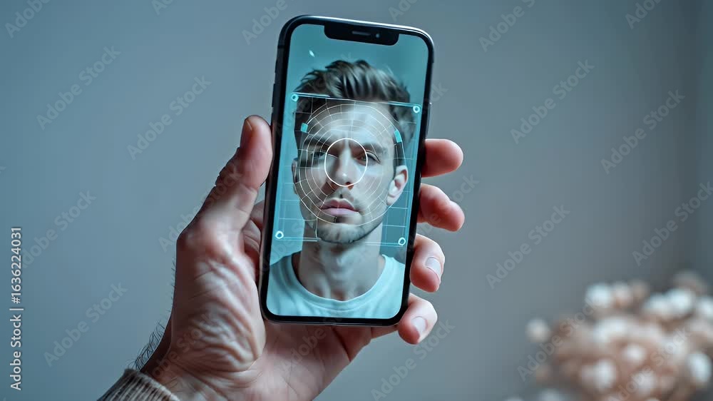 Poster man holding smartphone displaying identity verification request on screen