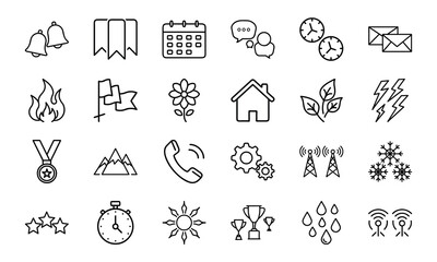 Minimalist Line Icon Set – Bell, Bookmark, Calendar, Chat, Clock, Email, Fire, Flag, Flower, Home, Leaf, Lightning, Medal, Mountain, Phone, Gear, Communication Tower, Snowflake, Star, Stopwatch, Sun