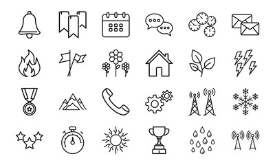 Minimalist Line Icon Set – Bell, Bookmark, Calendar, Chat, Clock, Email, Fire, Flag, Flower, Home, Leaf, Lightning, Medal, Mountain, Phone, Gear, Communication Tower, Snowflake, Star, Stopwatch, Sun