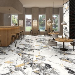 Modern and stylish restaurant interior with glamour wooden table, elegant chairs and design decoration. Minimalistic concept of interior design. 3D Rendering