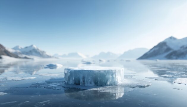 Ice podium platform in icy landscape. Iceberg table stand for product display. Nature abstract background, blue water, snow, mountains. Cold icy scenery for product showcase, presentation.