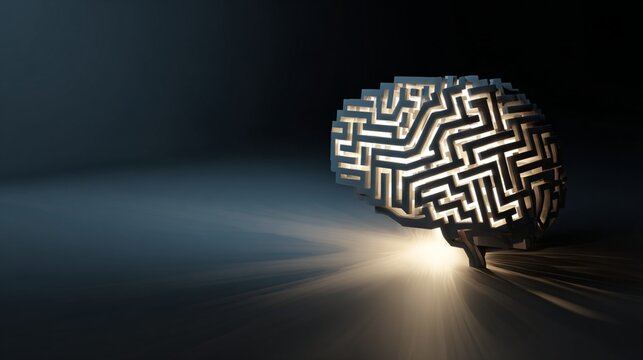 Illuminated maze brain sitting on a surface with a dark background and soft lighting effect