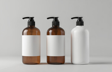 Three amber glass, white plastic bottles with black pump heads, blank labels arranged on clean, modern isolated background. Containers perfect for packaging shampoos, lotions, cosmetic, personal care