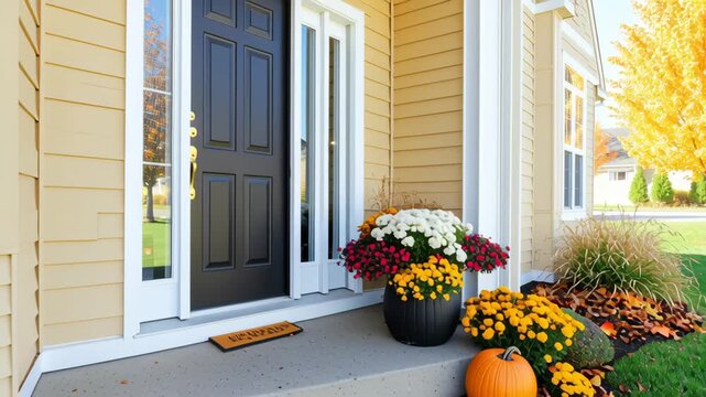 A cozy and inviting home entrance decorated with fall elements, including vibrant chrysanthemums, a cheerful pumpkin, and a welcoming doormat.