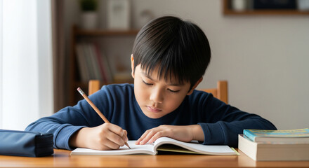 Concentrated Asian boy doing homework and writing in a notebook at home desk