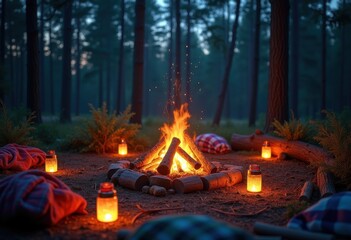 cozy campfire experience glowing lanterns camping gear under starlit sky wooded forest, lighting, heat, relaxation, outdoors, firewood, flicker, embers