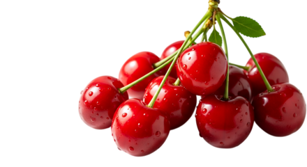 A vibrant cluster of ripe cherries, isolated on transparent background, showcasing their glossy red skin and fresh green stems, a perfect representation of summers sweet bounty