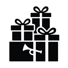 Black silhouette of stacked gift boxes with bows and a trumpet on a white background