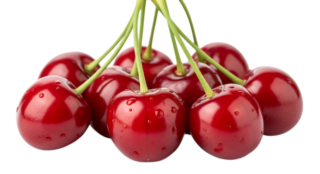 A vibrant bunch of ripe cherries, isolated on transparent background, showcasing their glossy red skin and fresh green stems, a perfect representation of summers sweet bounty