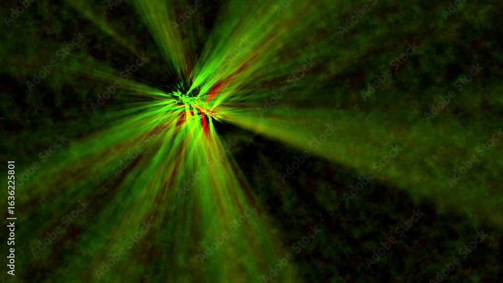 Poster abstract green and red burst of light emanating from a central point against a dark green textured b