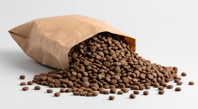 Brown dog food in a paper bag