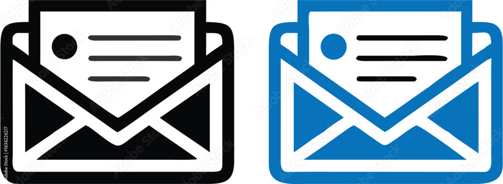Aufkleber two open envelopes with letters inside one in black and one in blue on a white background icon style