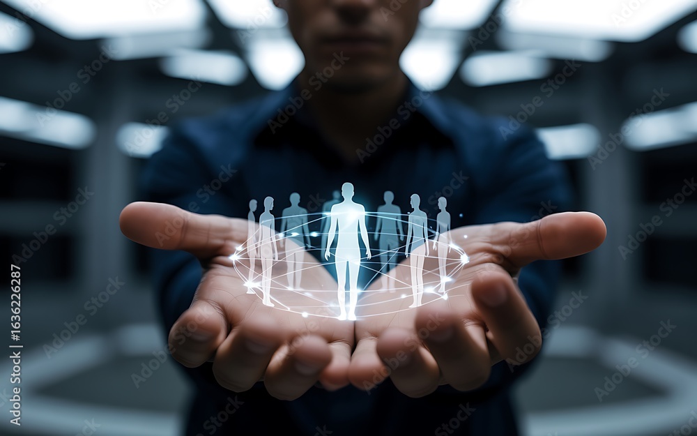 Poster human figures network displayed on open palms connection technology