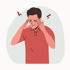 Young ill man suffering from headache and pain, pressing hand to the throbbing areas of his head isolated. Vector flat style cartoon illustration