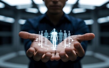Human figures network displayed on open palms connection technology