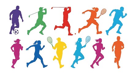 Naklejka premium Colorful silhouettes of athletes engaged in various sports like running, golf, and tennis