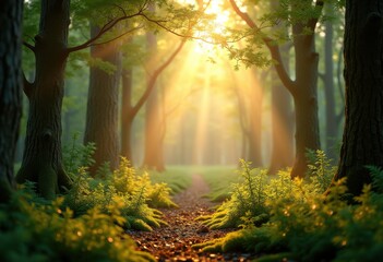 Naklejka premium dappled sunlight nature forest trees serenity tranquil woodland glimmering light peaceful shadows green canopy flora, meadow, illumination, leaf, branch, pine