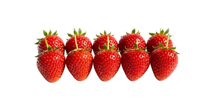 A neat row of vibrant strawberries, isolated on transparent background, showcasing their bright red color and juicy texture, a perfect summer treat and healthy snack