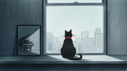 Rainy Cityscape: A Black Cat's Contemplative Gaze