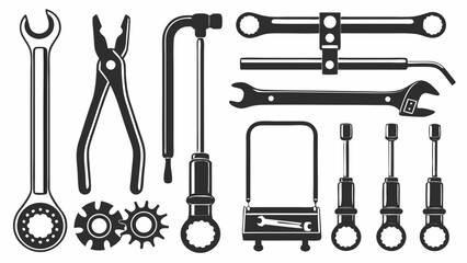 Obraz premium Illustration of various mechanical tools including wrenches pliers and gears in a monochrome style silhouette