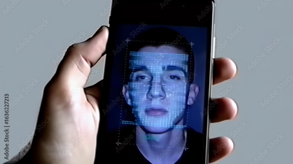 Poster man holding smartphone displaying identity verification request on screen