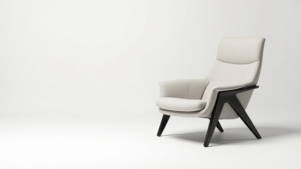 Light beige armchair with dark wood legs against a white backdrop.