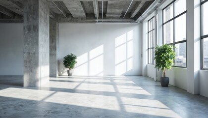 Fototapeta premium Spacious minimalist loft interior featuring raw concrete columns, flooring. Large windows allow abundant natural sunlight to stream in, casting geometric shadows across bright, airy space. Two potted