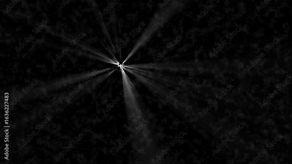 Poster bright white light rays emanating from a central point against a dark textured background creating a
