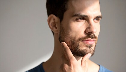 Fototapeta premium Man Touching Beard Thinking Hard Near White Background