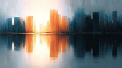 Fototapeta premium Abstract cityscape reflection, with shimmering water and a bright, hazy sunrise. A modern art piece for contemplation and urban serenity.