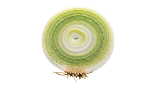 Closeup of a sliced leek isolated on transparent background, showcasing its concentric ring pattern and vibrant green hues, a versatile culinary ingredient