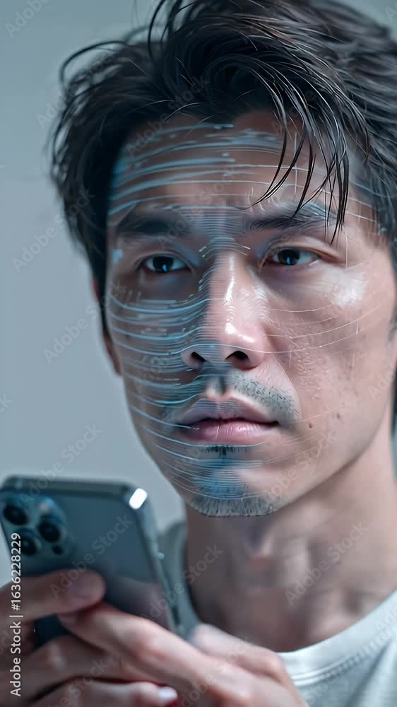 Poster man using smartphone for identity verification request on screen