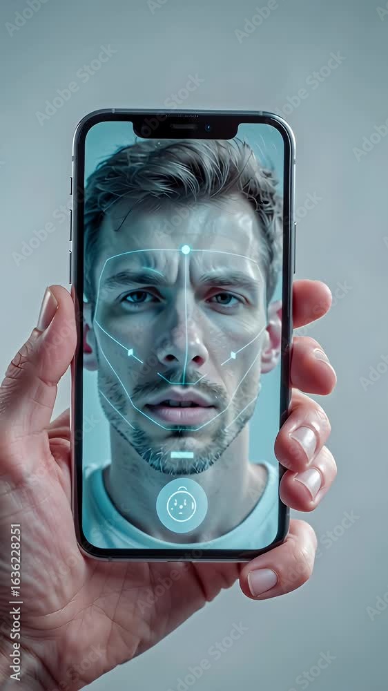 Poster man using smartphone for identity verification request on screen