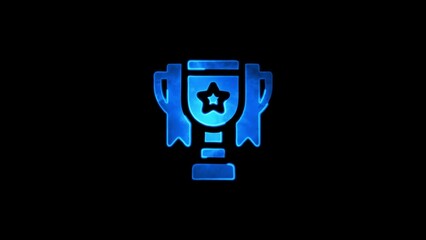 Glowing Blue Trophy Icon with Star and Ribbons on Black Background award prize
