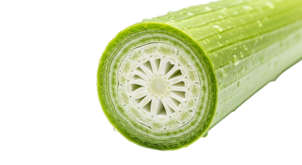 Closeup of a fresh leek cut in half, isolated on transparent background, showcasing its intricate layers and vibrant green hues, perfect for culinary and healthy eating concepts