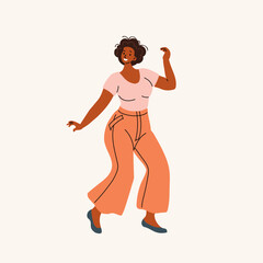 Happy woman dancing. Black girl wearing in casual outfit. Celebration action in a flat modern minimalistic style. Vector illustration.