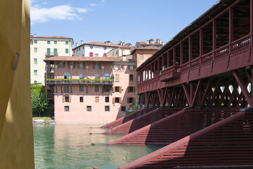 Bassano del Grappa, Vicenza, Veneto, Italy - July 9, 2025 - Views of the city, the castle, and the Alpine Bridge