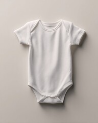 Minimalist flat-lay mockup of a plain white baby bodysuit on a smooth neutral background.