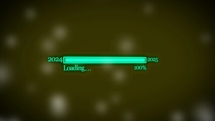Glowing green loading bar with 2024 and 2025 text on a blurred yellow background with bokeh effect, progress bar at 100 percent