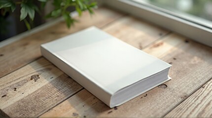 Blank book mockup on rustic wooden table with natural light, perfect for book cover design, author branding, or showcasing new novel releases