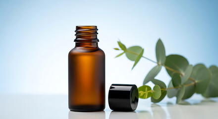 Essential oil bottle and eucalyptus branch.