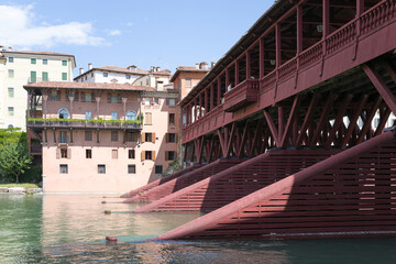 Bassano del Grappa, Vicenza, Veneto, Italy - July 9, 2025 - Views of the city, the castle, and the Alpine Bridge