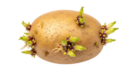 Sprouted potato isolated on transparent background, showing new growth and the beginning of a new plant life cycle, signifying germination and the potential for a fresh harvest