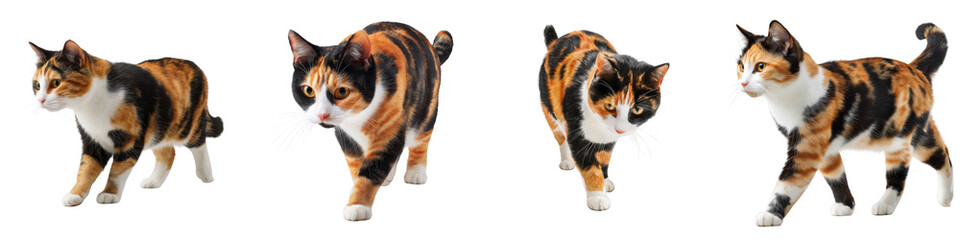 Obraz premium Calico cat walking in four different poses on black background isolated on a transparent background feline