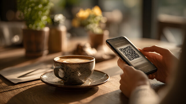 Change in consumer behavior, QR code scanner on restaurant table, accompanied by smartphone and cup of coffee, creates modern dining experience