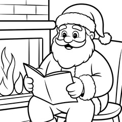 Santa Claus Reading a Book by the Fireplace Illustration in Black and White for Coloring Pages and Festive Designs
